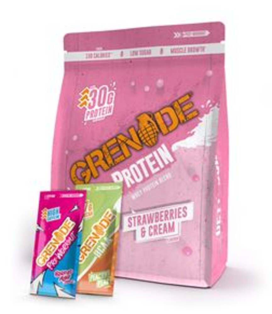 Grenade Whey Protein 2 kg strawberries and cream + vzorek Pre-Workout 16,5g a vzorek BCAA 13g zdarma