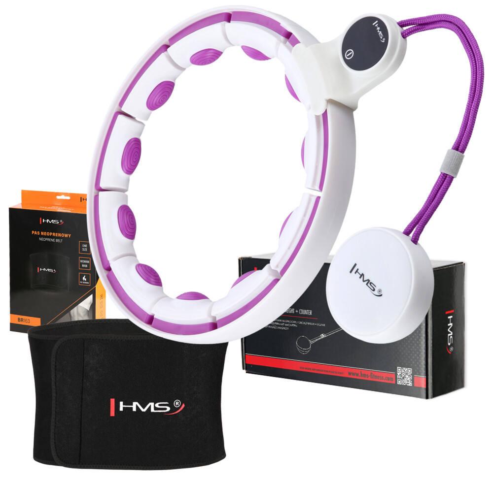 Sada masážní hula hoop se závažím HHM17 a zeštíhlujícího pásu BR163 bílá/fialová