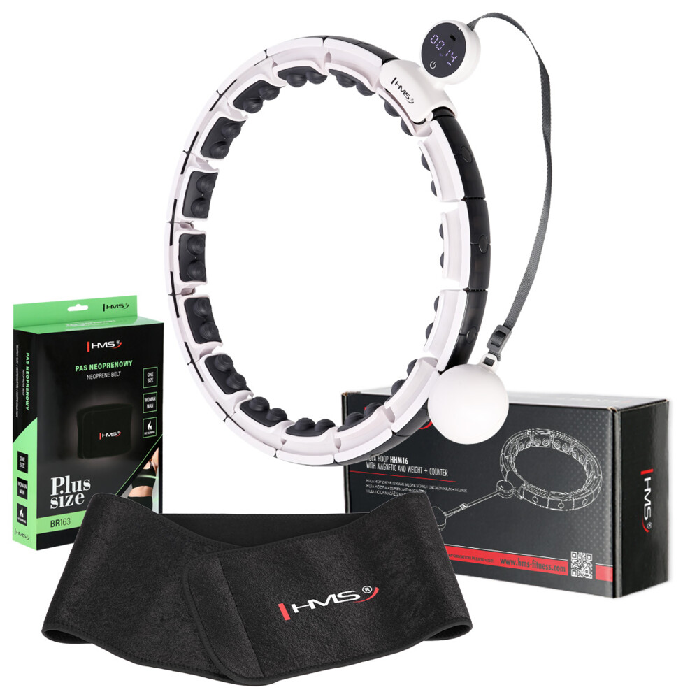 Sada masážní hula hoop HHM16 bílá se závažím, magnety a počítadlem a zeštíhlujícího pásu BR163 PLUS SIZE
