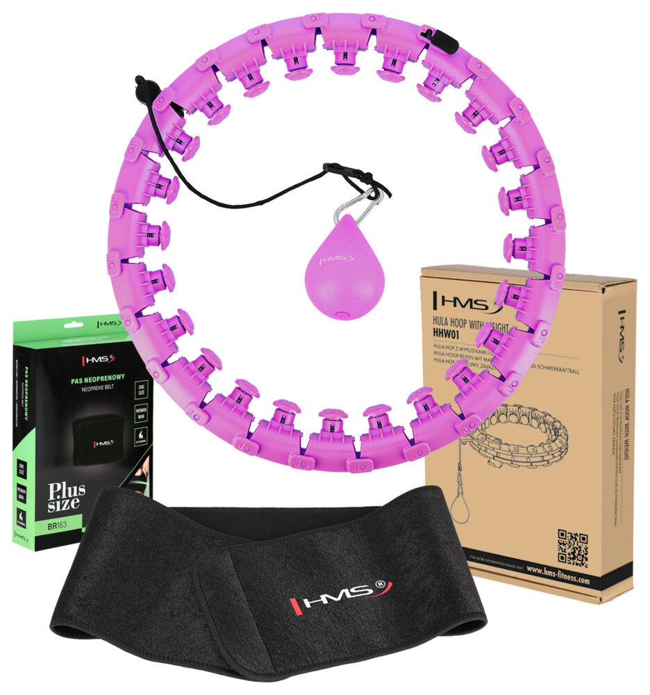 Sada masážní hula hoop HHW12 PLUS Size se závažím a zeštíhlujícího pásu BR163 fialová