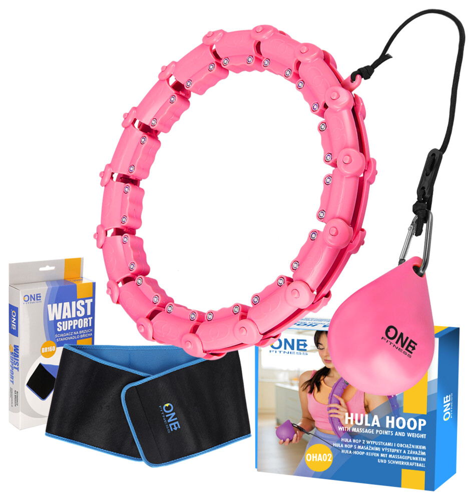 Sada masážní hula hoop ONE Fitness OHA02 se závažím a zeštíhlujícího pásu BR160 růžová