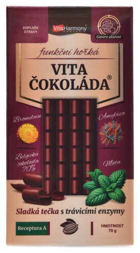 VitaČokoláda funkční hořká 70g receptura A - bromelain amyláza máta