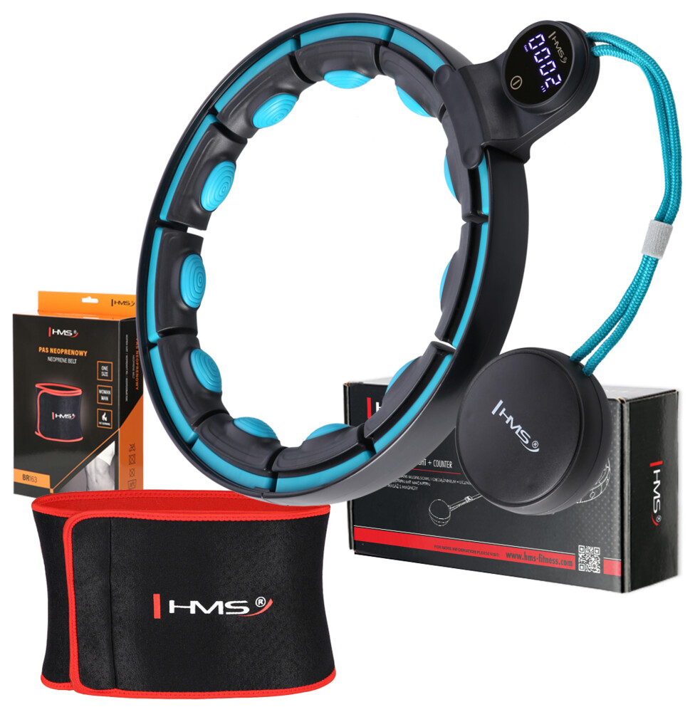 Sada masážní hula hoop se závažím HHM17 a zeštíhlujícího pásu BR163 černá/tyrkysová