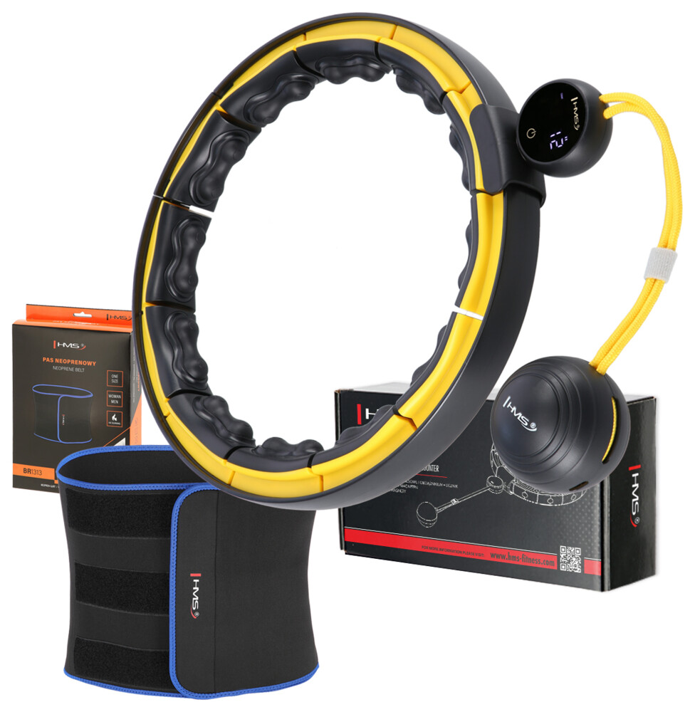 Sada masážní hula hoop se závažím HHM21 a zeštíhlujícího pásu BR1313 černá/žlutá